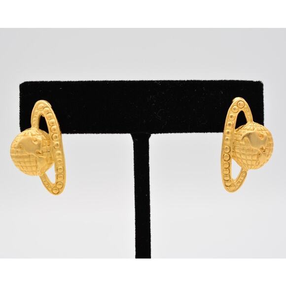 Vintage Saturn Earrings Planet Globe Earth Celestial Brushed Gold NOS 80s BinA9 - Picture 1 of 12